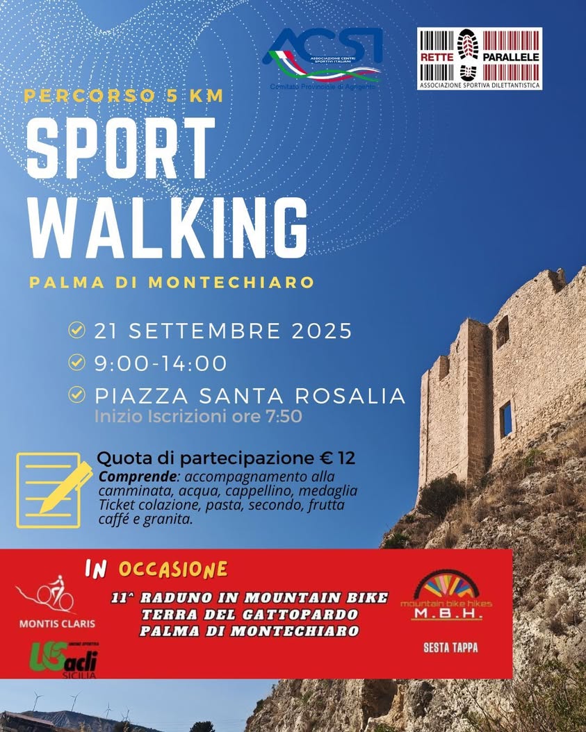 DOMENICA 21 settembre 2025 SPORT WALKING a Palma di Montechiaro (AG) Inizio…